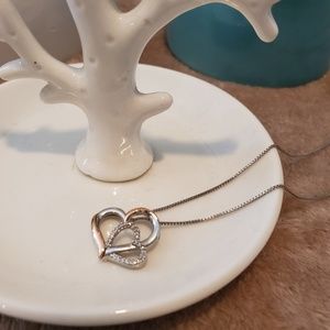 Two tone double heart and stone necklace